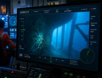 Monitor exibindo imagens de inspeção submarina